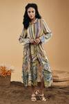 Soup By Sougat Paul_Multi Color Cotton, Silk Embroidery Collared Marble Mosaic Print Long Dress _Online_at_Aza_Fashions