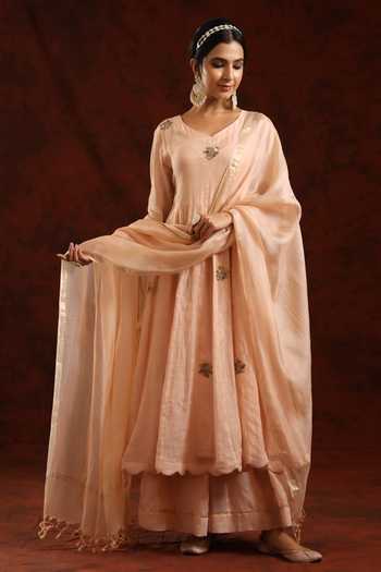 Women's Lakhnavi Handcrafted Tissue Chanderi Semi-Stitched Anarkali And Dupatta Set - HONC0323649