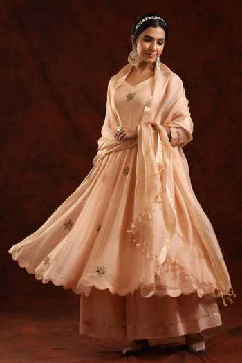 Women's Lakhnavi Handcrafted Tissue Chanderi Semi-Stitched Anarkali And Dupatta Set - HONC0323625
