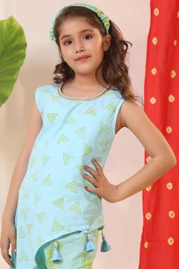 Cute Couture_Green Poplin, Cotton Tassels Geometric Print Kurta And Palazzo Set _Online_at_Aza_Fashions