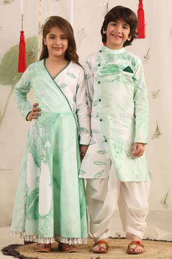 Buy_Cute Couture_White Poplin, Cotton Tassels Brush Paint Pattern Angarkha And Pant Set _Online_at_Aza_Fashions