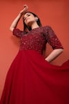 LABEL SHRISTI CHETANI_Red Crepe Hand Embroidered Round Gown _Online_at_Aza_Fashions