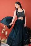 Buy_LABEL SHRISTI CHETANI_Blue Crepe Hand Embroidered Sweetheart Neck Blouse Lehenga Set _Online_at_Aza_Fashions