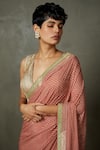 RI.Ritu Kumar_Pink Silk Print Bandhani V Neck Sohini Saree With Sleeveless Blouse _Online_at_Aza_Fashions