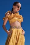 Buy_Shruti Sancheti_Yellow Crepe Printed Floral Ruffled Neck Hand Embroidered Skirt Set _Online_at_Aza_Fashions