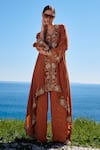 Buy_Shruti Sancheti_Brown Crepe Hand Embroidered Sequins V Asymmetrical Cape And Pant Set  _Online_at_Aza_Fashions