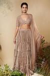 Reeti Arneja_Brown Taffeta, Organza Sequins V-neck Moonlight Pleated Lehenga Set _Online_at_Aza_Fashions