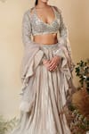 Reeti Arneja_Grey Velvet Beads, Sequins V-neck Keizen Embroidered Blouse Lehenga Set_at_Aza_Fashions