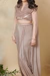 Buy_Reeti Arneja_Brown Chinon Embroidered Sequins Notched Enigma Blouse And Dhoti Pant Set _Online_at_Aza_Fashions