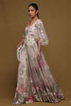 Shriya Som_Off White Tulle Pearls Plunge Neck Floral Thread Embroidered Gown _Online_at_Aza_Fashions