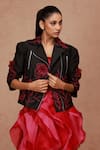 SHRIYA SOM_Black Taffeta Embroidery Applique Notched 3d Floral Biker Jacket  _Online_at_Aza_Fashions