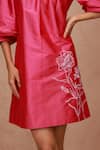 SHRIYA SOM_Pink Taffeta Embroidery Floral Round Neck Cocoon Sleeve Flower Dress  _Online_at_Aza_Fashions