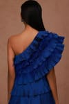 SHRIYA SOM_Blue Taffeta Embroidery Feathers One Shoulder Tiered Detail Dress  _Online_at_Aza_Fashions