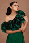 SHRIYA SOM_Green Silk Ruffle Flower Asymmetric Neck Chiffon Neckline Gown  _Online_at_Aza_Fashions