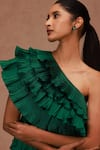 SHRIYA SOM_Emerald Green Taffeta One Shoulder Tiered Ruffle Dress  _Online_at_Aza_Fashions