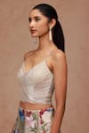 Shriya Som_Beige Tulle Embellished Cutdana V Neck Fringe Corset Top  _Online_at_Aza_Fashions
