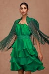 SHRIYA SOM_Green Silk Organza Plain Square Neck Cabbage Dress With Belt  _Online_at_Aza_Fashions