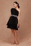 SHRIYA SOM_Black Taffeta Plain Open Neck Pre-pleated Cabbage Mini Dress  _Online_at_Aza_Fashions