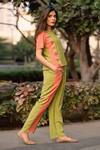 S&A by Anu Pellakuru_Green Slub Hand Embroidered Panelled Top And Pant_Online_at_Aza_Fashions