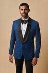 Philocaly_Blue Wool, Silk Embroidery Floral Pattern Tuxedo Blazer_Online_at_Aza_Fashions