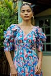 Joskai Studio_Multi Color Satin Printed Abstract V Neck Joyous Rhythm Dress _Online_at_Aza_Fashions