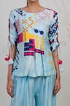 Buy_Garo_Blue Silk Embroidery, Tassels Round Abstract Print Pleated Top And Flared Pant Set _Online_at_Aza_Fashions