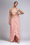 Shruti S_Peach Silk, Crepe Mirrors Placket Embroidered Cape And Draped Dhoti Skirt Set_Online_at_Aza_Fashions