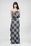 Shruti S_Gray Modal, Satin Ruffles Bandeau Neck Hand Block Print Grey Tube Gown _at_Aza_Fashions