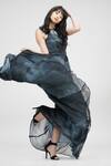 Shop_Shruti S_Black Georgette Tie-dyed Abstract Pattern Halter Neck Gown _Online_at_Aza_Fashions