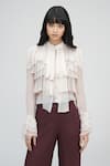Buy_Shruti S_Beige Chiffon Bandeau Neck Sheer Ruffle Shirt _Online_at_Aza_Fashions