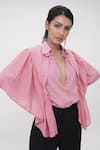 Shruti S_Pink Cotton Collared Ruffle Trim Shirt _at_Aza_Fashions