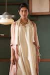 Bodhi Tree_Off White Silk Tussar Plain Cowl Neck Asymmetric Drape Dress With Jacket _at_Aza_Fashions