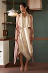 Bodhi Tree_Off White Silk Tussar Plain Cowl Neck Asymmetric Drape Dress With Jacket _Online_at_Aza_Fashions