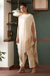 Buy_Bodhi Tree_Off White Tunic Silk Tussar And Tissue Zari Embroidery Oblique Poncho & Pant Set _Online_at_Aza_Fashions