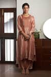 Buy_Bodhi Tree_Peach Tunic Silk Tussar And Tissue Zari Embroidered Yoke Zardozi Kurta & Pant Set _Online_at_Aza_Fashions