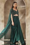 Buy_Seema Thukral_Emerald Green Blouse And Skirt Georgette Embroidery Zari Cape Open Set _Online_at_Aza_Fashions