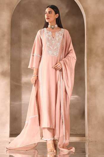 Seema Thukral_Pink Organza, Chanderi Embroidery, Pearls, Beads Floral Neckline Kurta Set _Online_at_Aza_Fashions