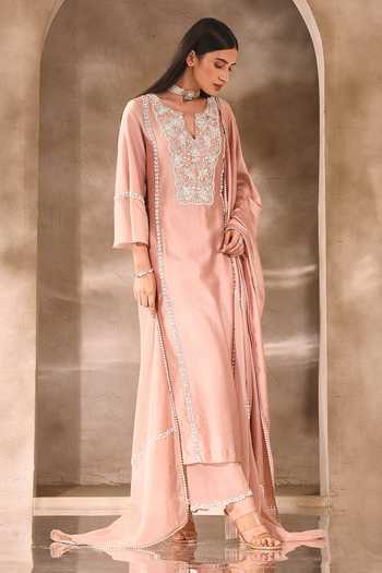 Buy_Seema Thukral_Pink Organza, Chanderi Embroidery, Pearls, Beads Floral Neckline Kurta Set _Online_at_Aza_Fashions