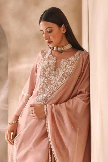 Shop_Seema Thukral_Pink Organza, Chanderi Embroidery, Pearls, Beads Floral Neckline Kurta Set _Online_at_Aza_Fashions