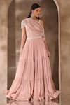 Seema Thukral_Pink Chiffon, Satin Tassels, Pearls, Beads Tiered Lehenga And Draped Blouse Set _Online_at_Aza_Fashions
