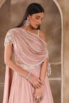 Buy_Seema Thukral_Pink Chiffon, Satin Tassels, Pearls, Beads Tiered Lehenga And Draped Blouse Set _Online_at_Aza_Fashions