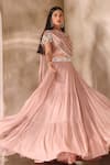 Shop_Seema Thukral_Pink Chiffon, Satin Tassels, Pearls, Beads Tiered Lehenga And Draped Blouse Set _Online_at_Aza_Fashions