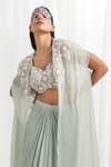 Shop_Seema Thukral_Green Top And Skirt- Georgette Embellished Floral Cape & Draped Set _at_Aza_Fashions