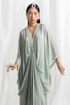 Shop_Seema Thukral_Green Chiffon Placement Hand Embroidery Anchor Threads V Neck Draped Kaftan _at_Aza_Fashions