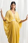 Shop_Seema Thukral_Yellow Chiffon Placement Hand Embroidery Pearls V Neck Cowl Kaftan _at_Aza_Fashions