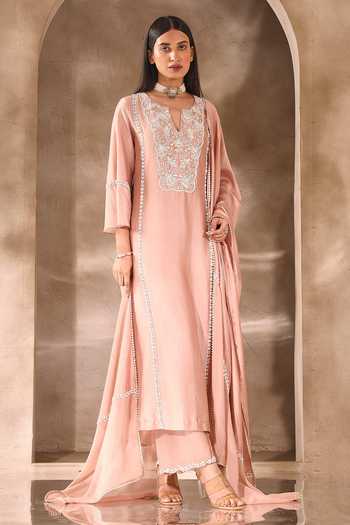 Seema Thukral_Pink Organza, Chanderi Embroidery, Pearls, Beads Floral Neckline Kurta Set _at_Aza_Fashions