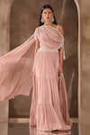 Seema Thukral_Pink Chiffon, Satin Tassels, Pearls, Beads Tiered Lehenga And Draped Blouse Set _at_Aza_Fashions