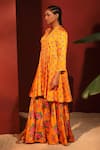 Shetab Kazmi_Orange Modal, Satin Mandarin Collar Floral Digital Print Peplum Top Gharara Set _Online_at_Aza_Fashions