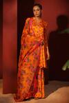 Shop_Shetab Kazmi_Orange Modal, Satin Mandarin Collar Floral Digital Print Peplum Top Gharara Set _Online_at_Aza_Fashions