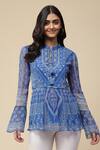Aarke Ritu Kumar_Blue 100% Polyester Printed Geometric Mandarin Collar Top For Women_Online_at_Aza_Fashions